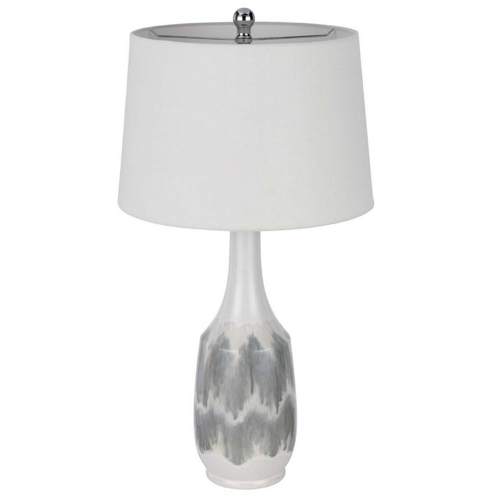 Benjara Table Lamp, Drum Shade, 29 Inch White, Smokey Gray Swirl Ceramic Base