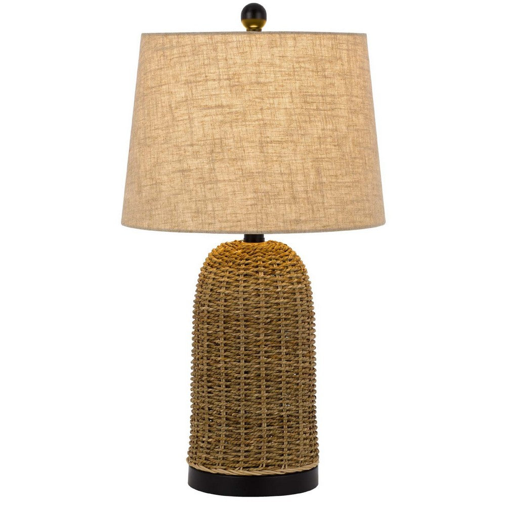 Benjara Table Lamp, Brown Drum Shade And Corn Leaf Wicker Woven Base, 24 Inch