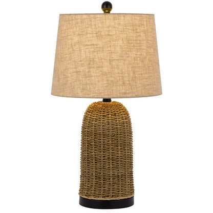 Benjara Table Lamp, Brown Drum Shade And Corn Leaf Wicker Woven Base, 24 Inch