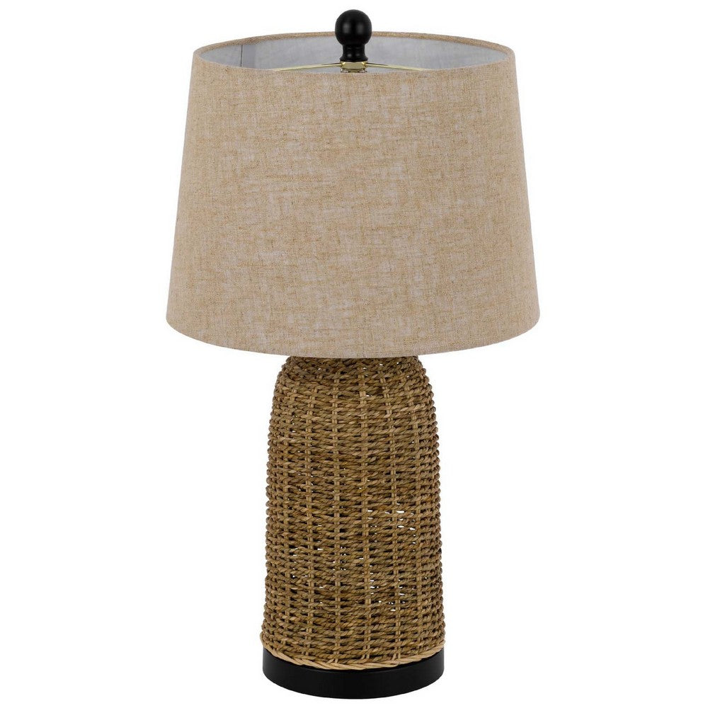 Benjara Table Lamp, Brown Drum Shade And Corn Leaf Wicker Woven Base, 24 Inch