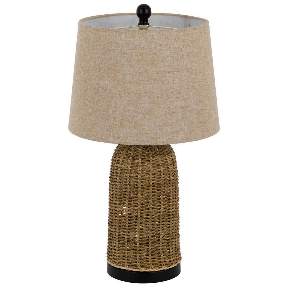 Benjara Table Lamp, Brown Drum Shade And Corn Leaf Wicker Woven Base, 24 Inch