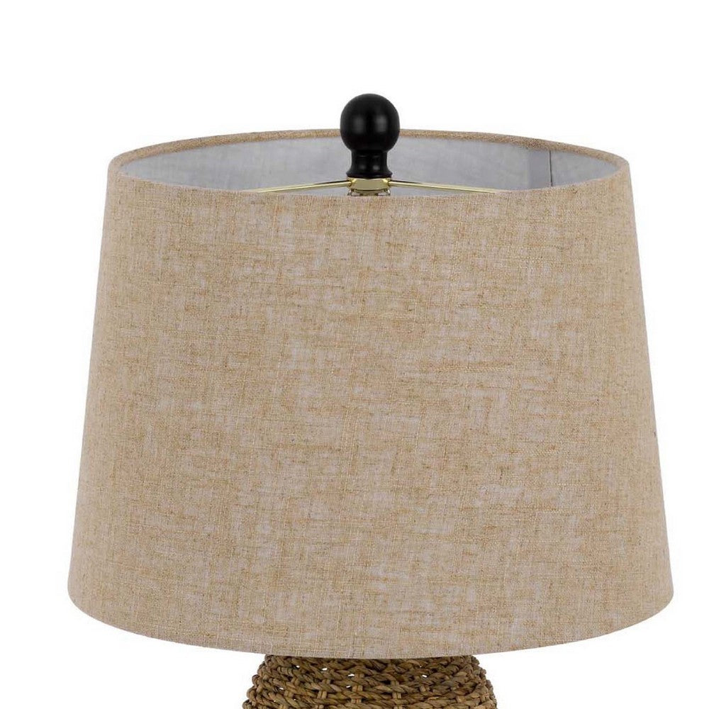 Benjara Table Lamp, Brown Drum Shade And Corn Leaf Wicker Woven Base, 24 Inch