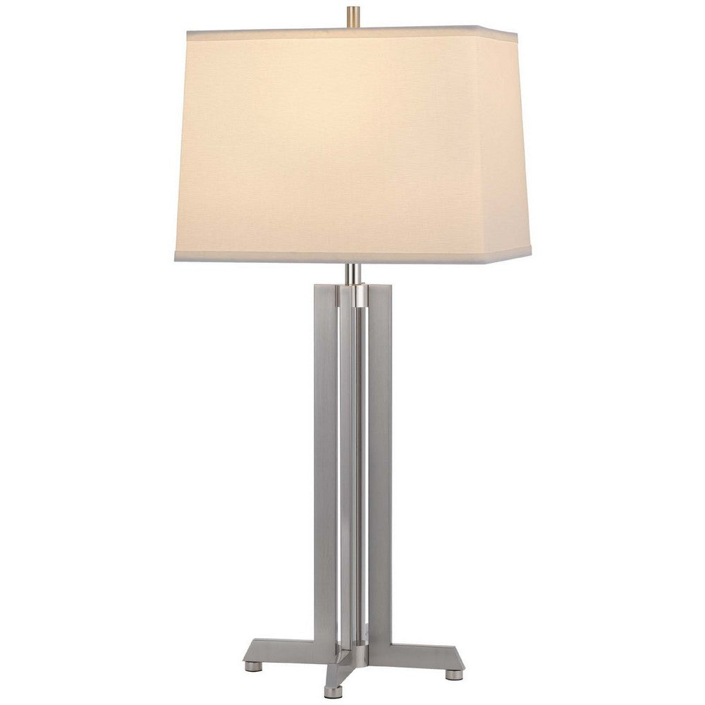 Benjara Liam Table Lamp, White Drum Shade, 30 Inch Brushed Steel Footed Base