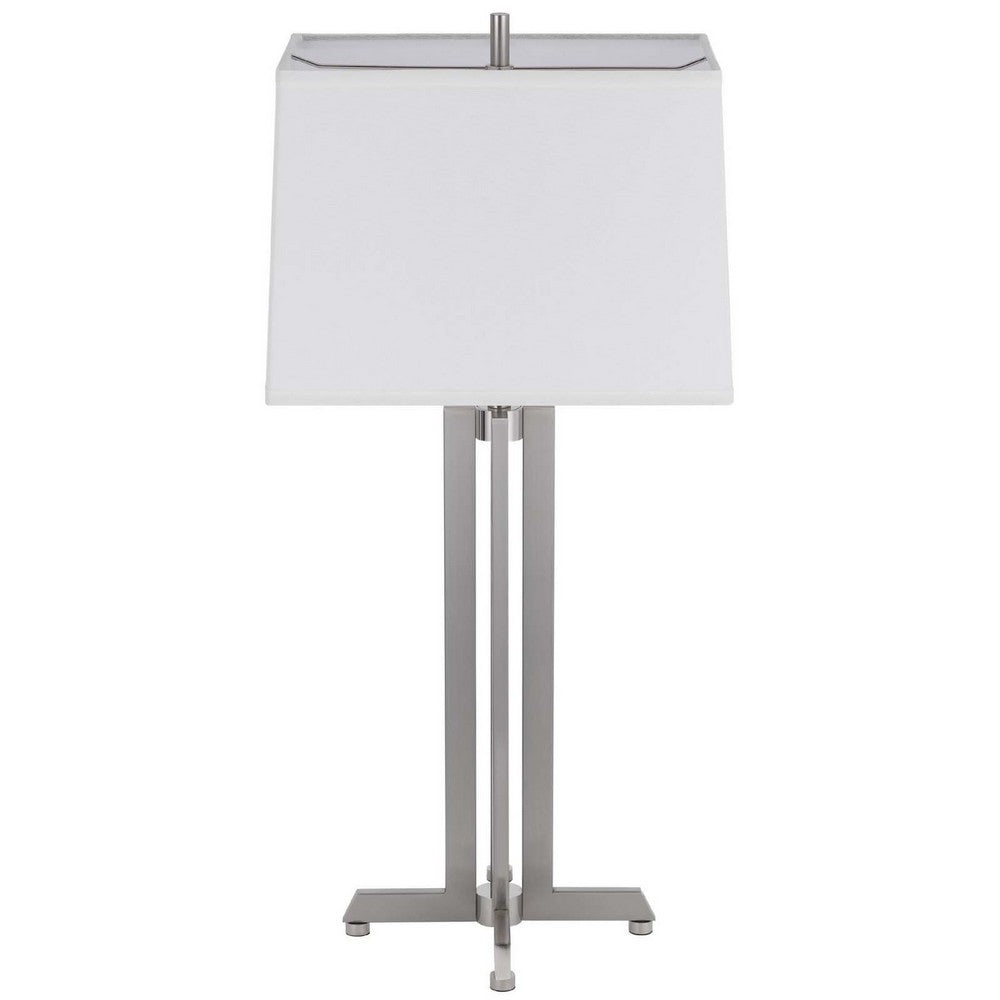 Benjara Liam Table Lamp, White Drum Shade, 30 Inch Brushed Steel Footed Base