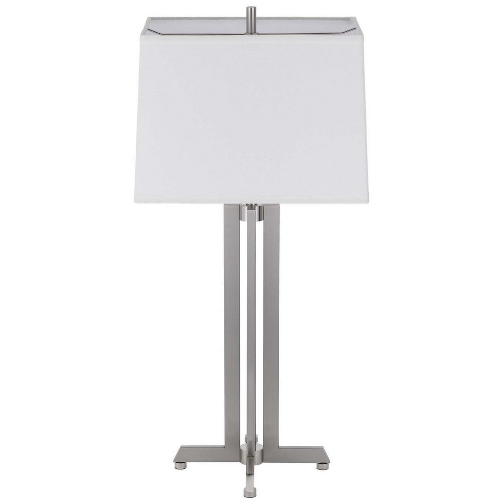 Benjara Liam Table Lamp, White Drum Shade, 30 Inch Brushed Steel Footed Base