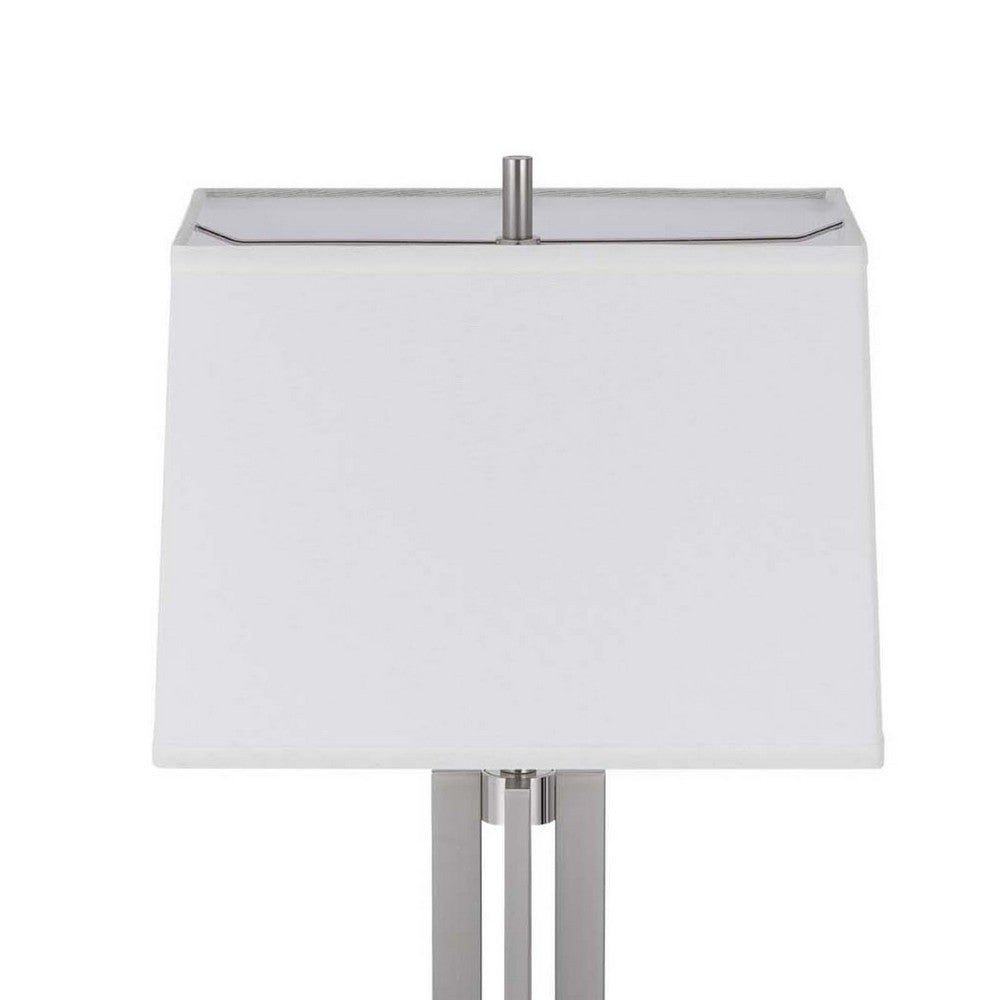 Benjara Liam Table Lamp, White Drum Shade, 30 Inch Brushed Steel Footed Base