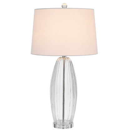 Benjara Table Lamp Set of 2, Bullet Shaped Clear Glass, Off White Drum Shade
