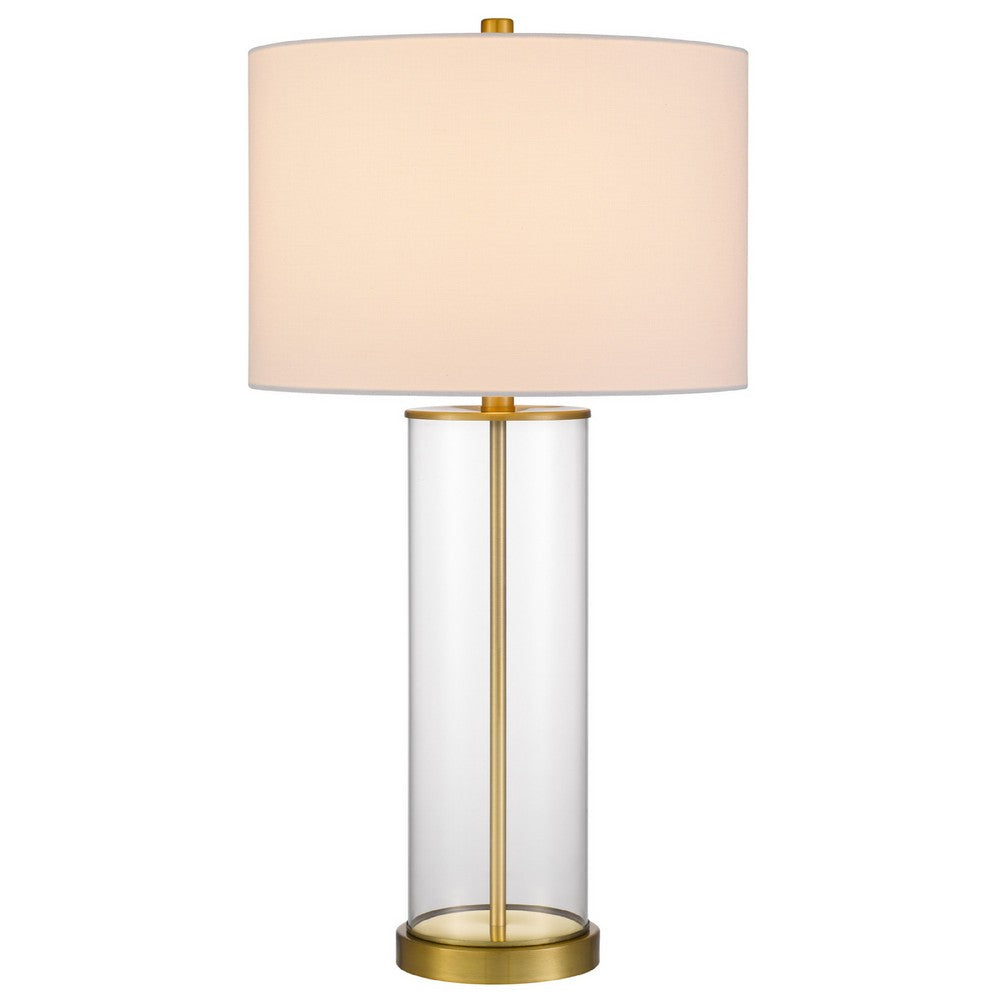 Benjara Table Lamp Set of 2, Off White Shade, Round Glass Base, Brass Accents