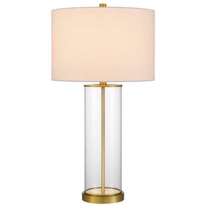 Benjara Table Lamp Set of 2, Off White Shade, Round Glass Base, Brass Accents