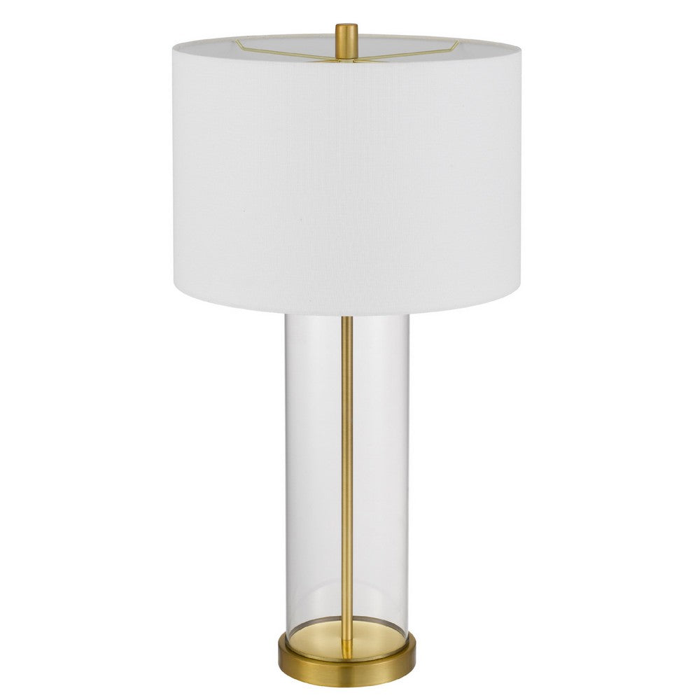 Benjara Table Lamp Set of 2, Off White Shade, Round Glass Base, Brass Accents