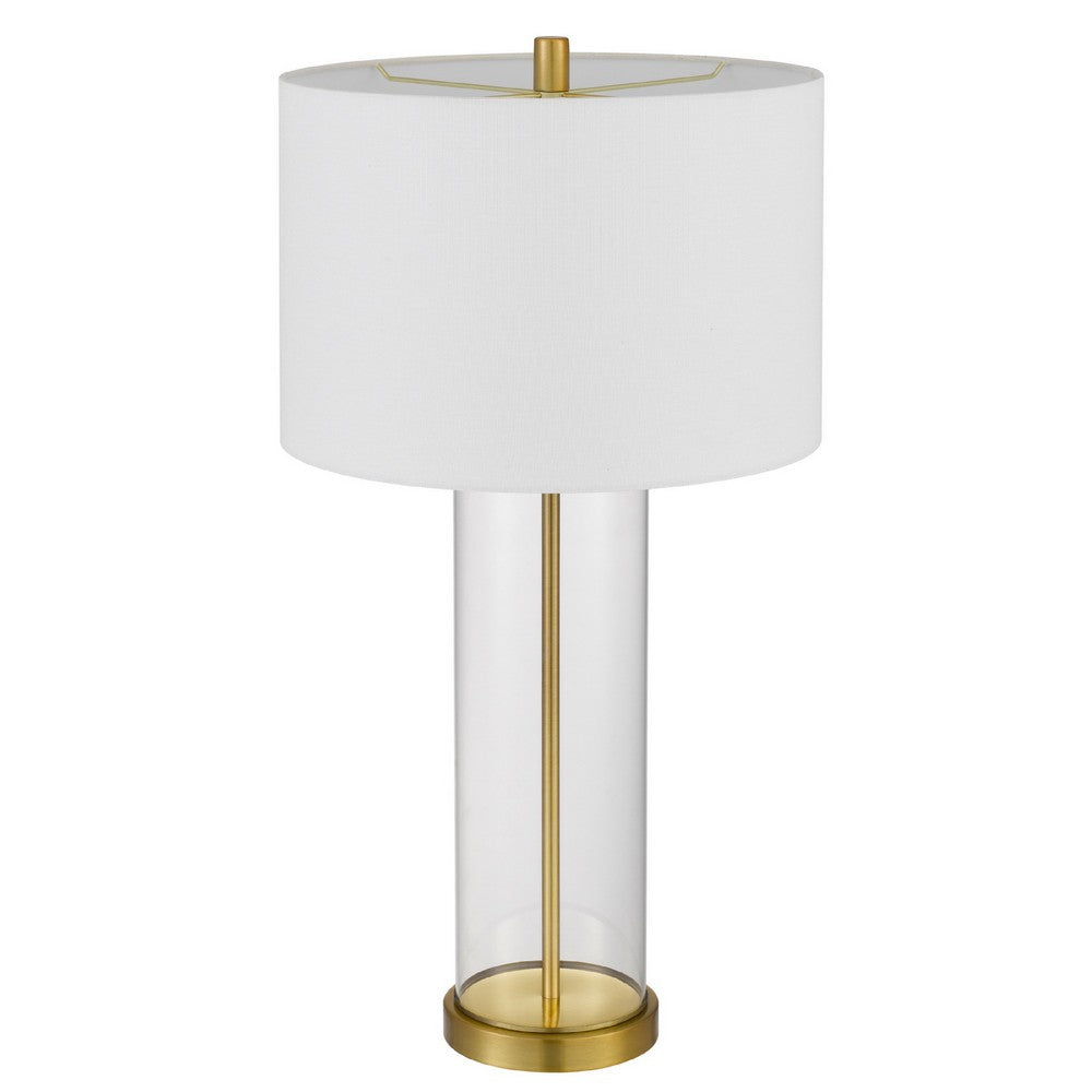 Benjara Table Lamp Set of 2, Off White Shade, Round Glass Base, Brass Accents