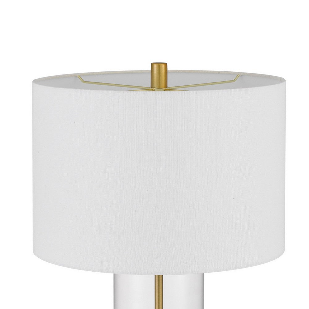 Benjara Table Lamp Set of 2, Off White Shade, Round Glass Base, Brass Accents