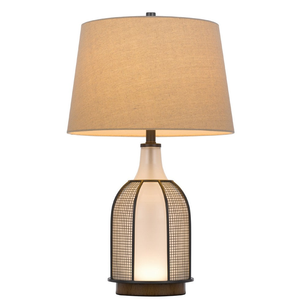 Benjara Table Lamp, Oatmeal Linen Shade, Frosted White Glass with Black Mesh