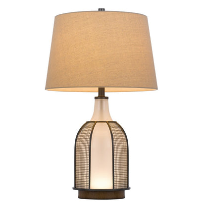 Benjara Table Lamp, Oatmeal Linen Shade, Frosted White Glass with Black Mesh