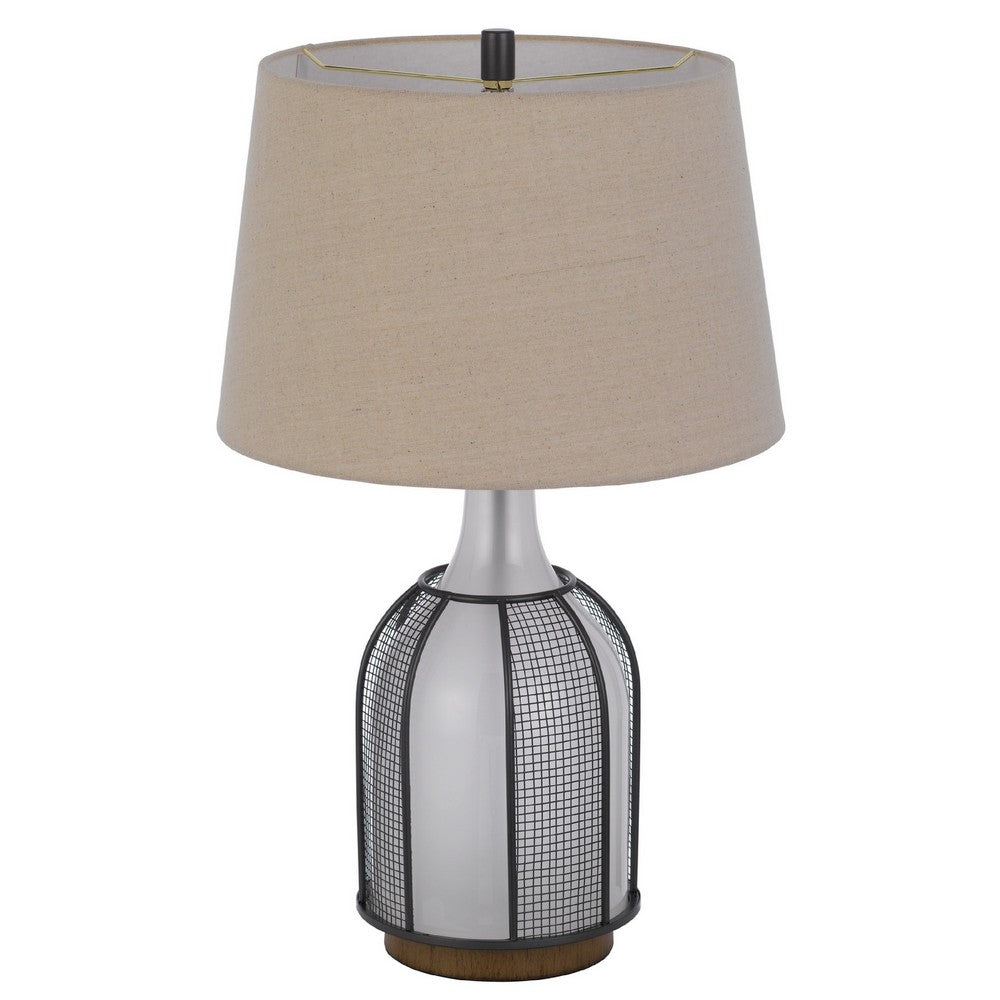 Benjara Table Lamp, Oatmeal Linen Shade, Frosted White Glass with Black Mesh