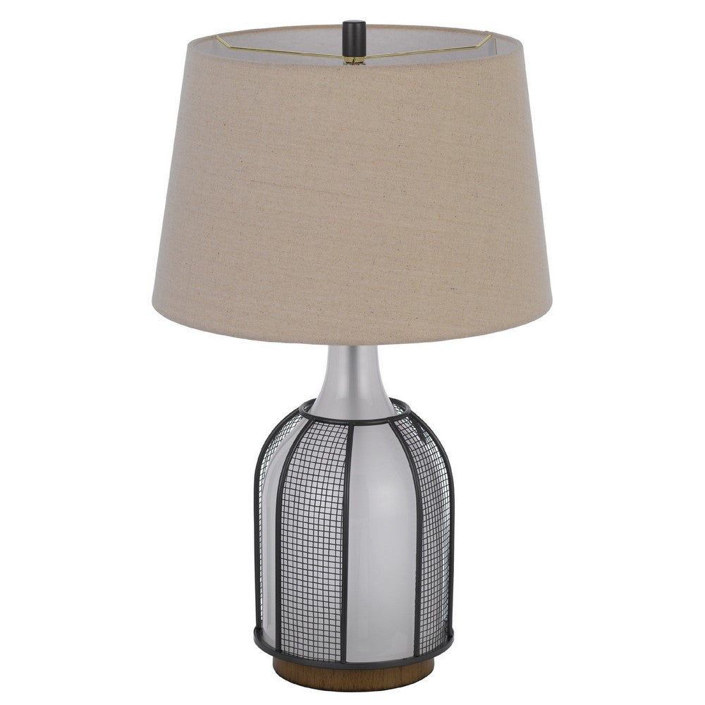 Benjara Table Lamp, Oatmeal Linen Shade, Frosted White Glass with Black Mesh