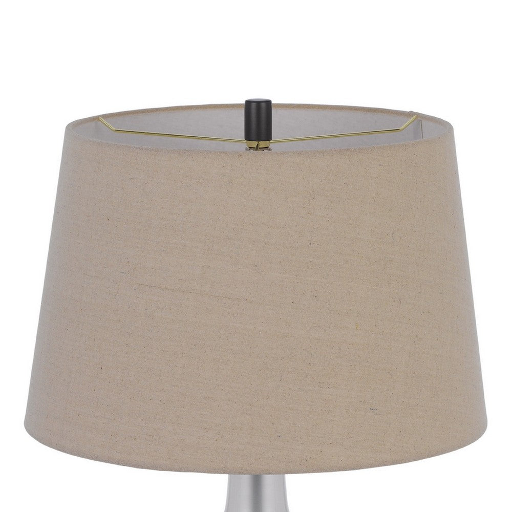 Benjara Table Lamp, Oatmeal Linen Shade, Frosted White Glass with Black Mesh