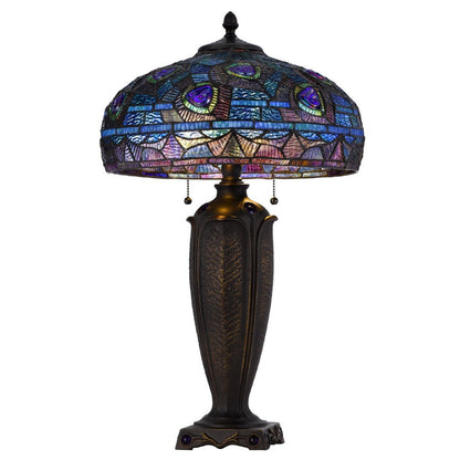 Benjara Table Lamp with Pull Chain, Blue Tiffany Stained Glass, 26 Inch Dark Bronze