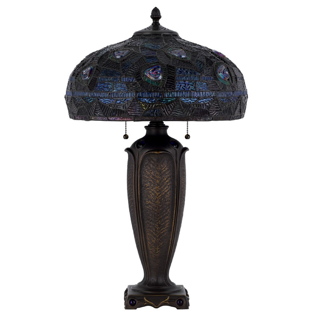 Benjara Table Lamp with Pull Chain, Blue Tiffany Stained Glass, 26 Inch Dark Bronze