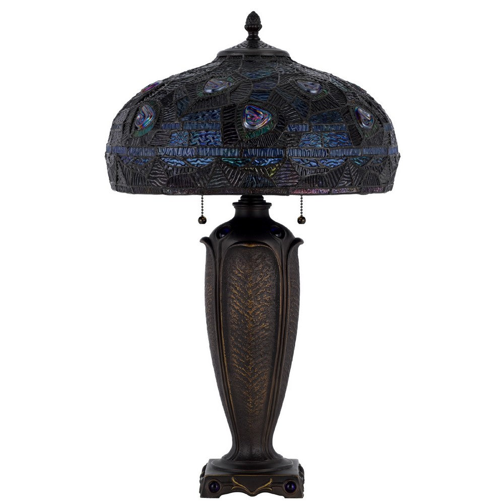 Benjara Table Lamp with Pull Chain, Blue Tiffany Stained Glass, 26 Inch Dark Bronze
