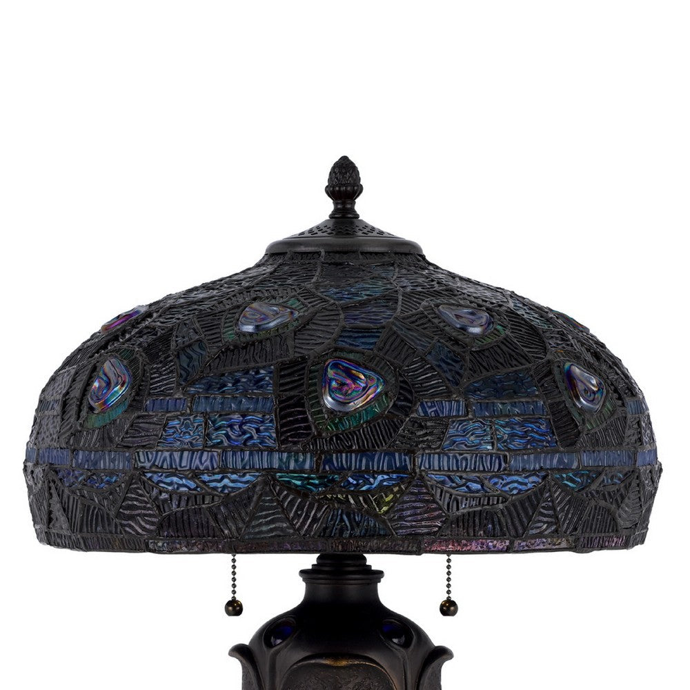 Benjara Table Lamp with Pull Chain, Blue Tiffany Stained Glass, 26 Inch Dark Bronze