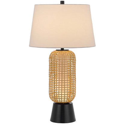 Benjara Table Lamp with LED Light, White Shade, Modern Brown Wicker, 30 Inch