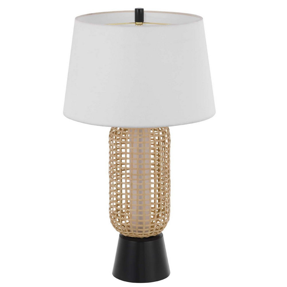 Benjara Table Lamp with LED Light, White Shade, Modern Brown Wicker, 30 Inch