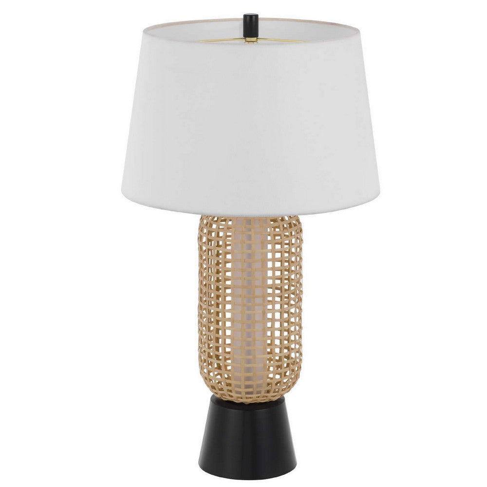 Benjara Table Lamp with LED Light, White Shade, Modern Brown Wicker, 30 Inch