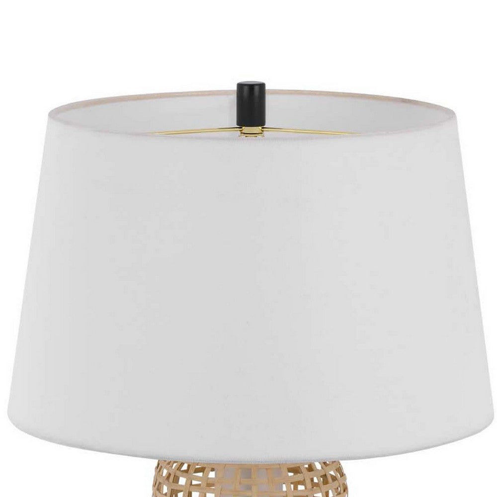 Benjara Table Lamp with LED Light, White Shade, Modern Brown Wicker, 30 Inch