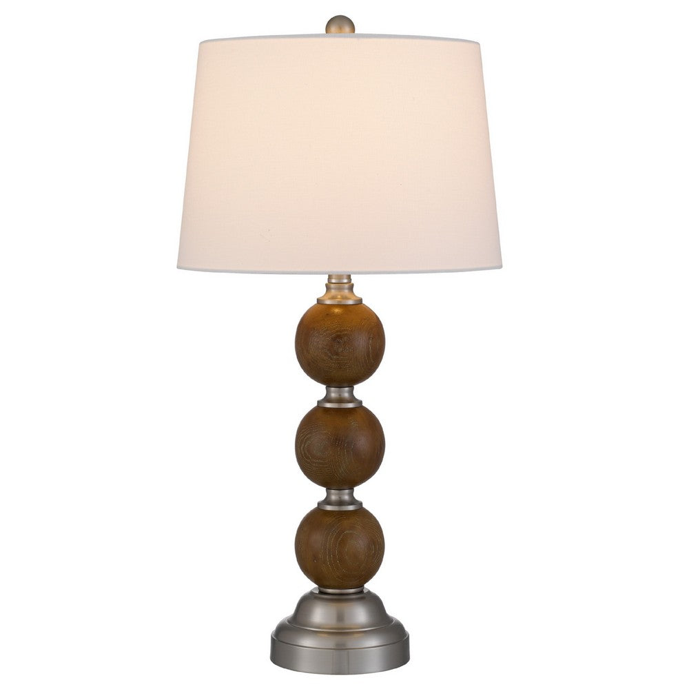 Benjara Table Lamp Set of 2, Off White Shade, Stacked Bead Base, 28in Brushed Steel