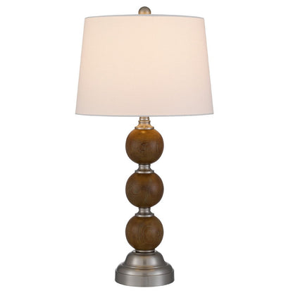 Benjara Table Lamp Set of 2, Off White Shade, Stacked Bead Base, 28in Brushed Steel