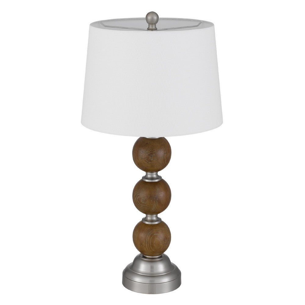 Benjara Table Lamp Set of 2, Off White Shade, Stacked Bead Base, 28in Brushed Steel