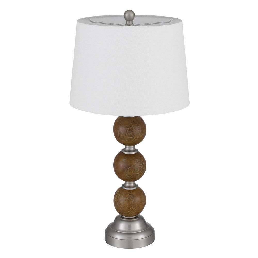 Benjara Table Lamp Set of 2, Off White Shade, Stacked Bead Base, 28in Brushed Steel
