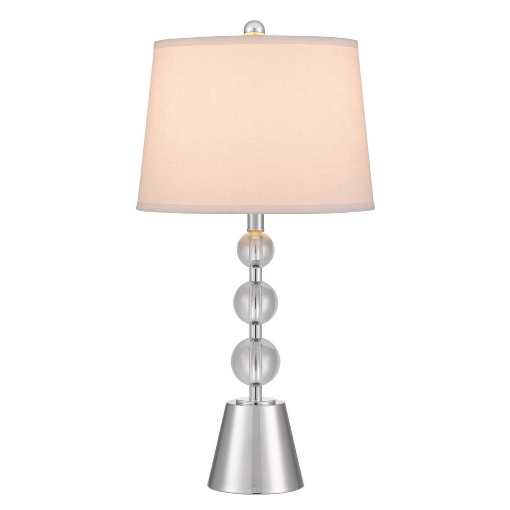Benjara Table Lamp Set of 2, Off White Shade, Brushed Steel Stacked Beaded Base