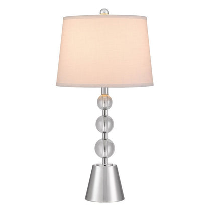 Benjara Table Lamp Set of 2, Off White Shade, Brushed Steel Stacked Beaded Base