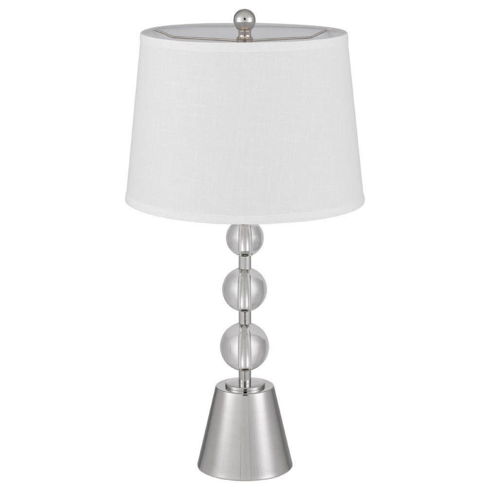 Benjara Table Lamp Set of 2, Off White Shade, Brushed Steel Stacked Beaded Base