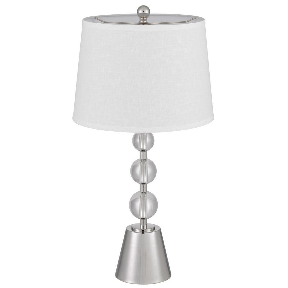 Benjara Table Lamp Set of 2, Off White Shade, Brushed Steel Stacked Beaded Base