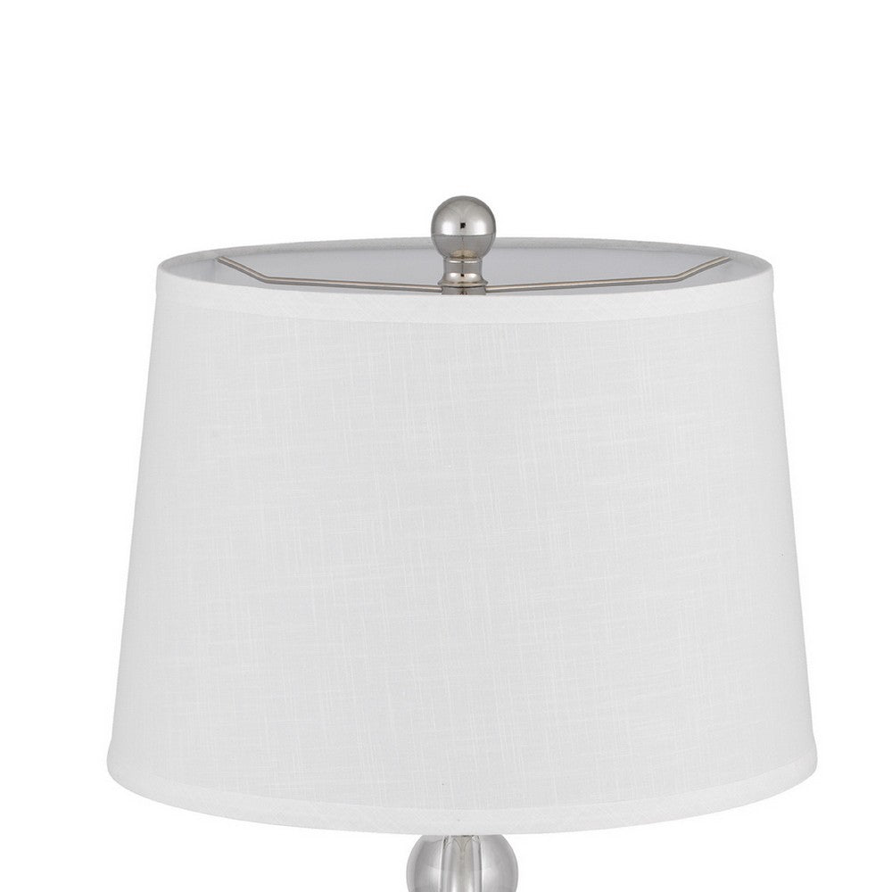 Benjara Table Lamp Set of 2, Off White Shade, Brushed Steel Stacked Beaded Base