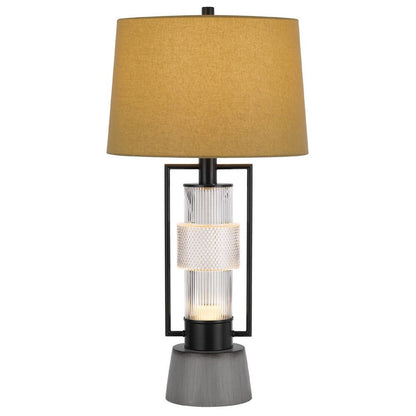 Benjara Table Lamp with LED Light, Burlap Shade, 31 Inch Black Lantern Base
