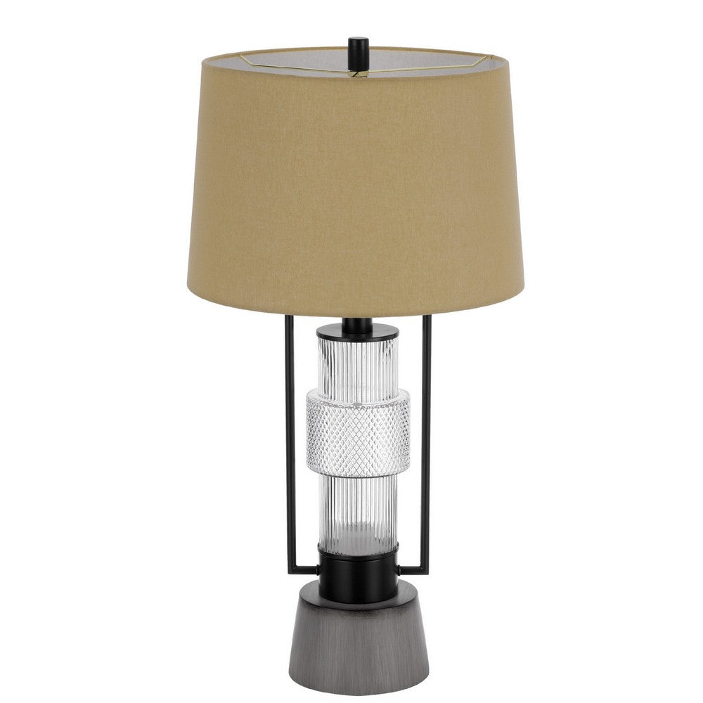 Benjara Table Lamp with LED Light, Burlap Shade, 31 Inch Black Lantern Base
