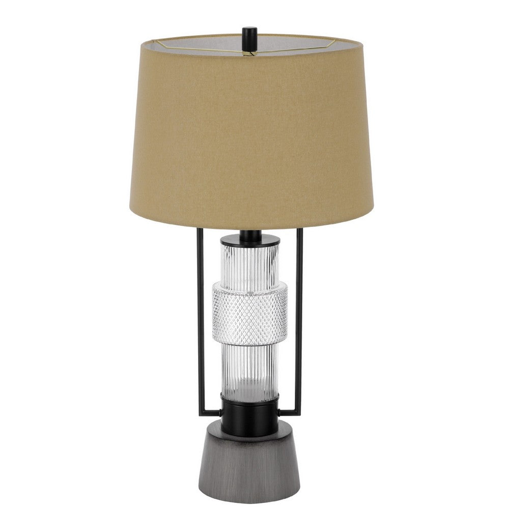 Benjara Table Lamp with LED Light, Burlap Shade, 31 Inch Black Lantern Base