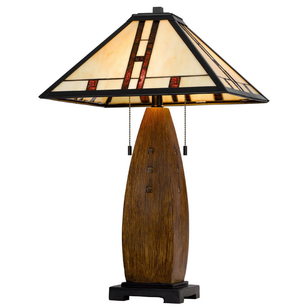 Benjara Table Lamp with Pull Chain, Tiffany Stained Glass Shade, 26 Inch Brown