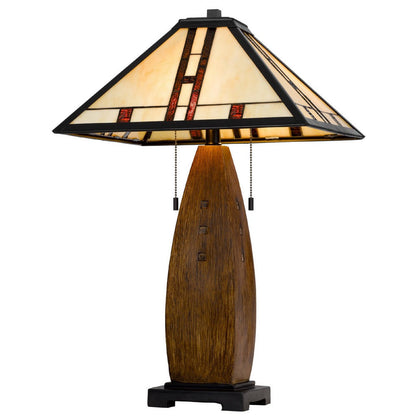 Benjara Table Lamp with Pull Chain, Tiffany Stained Glass Shade, 26 Inch Brown