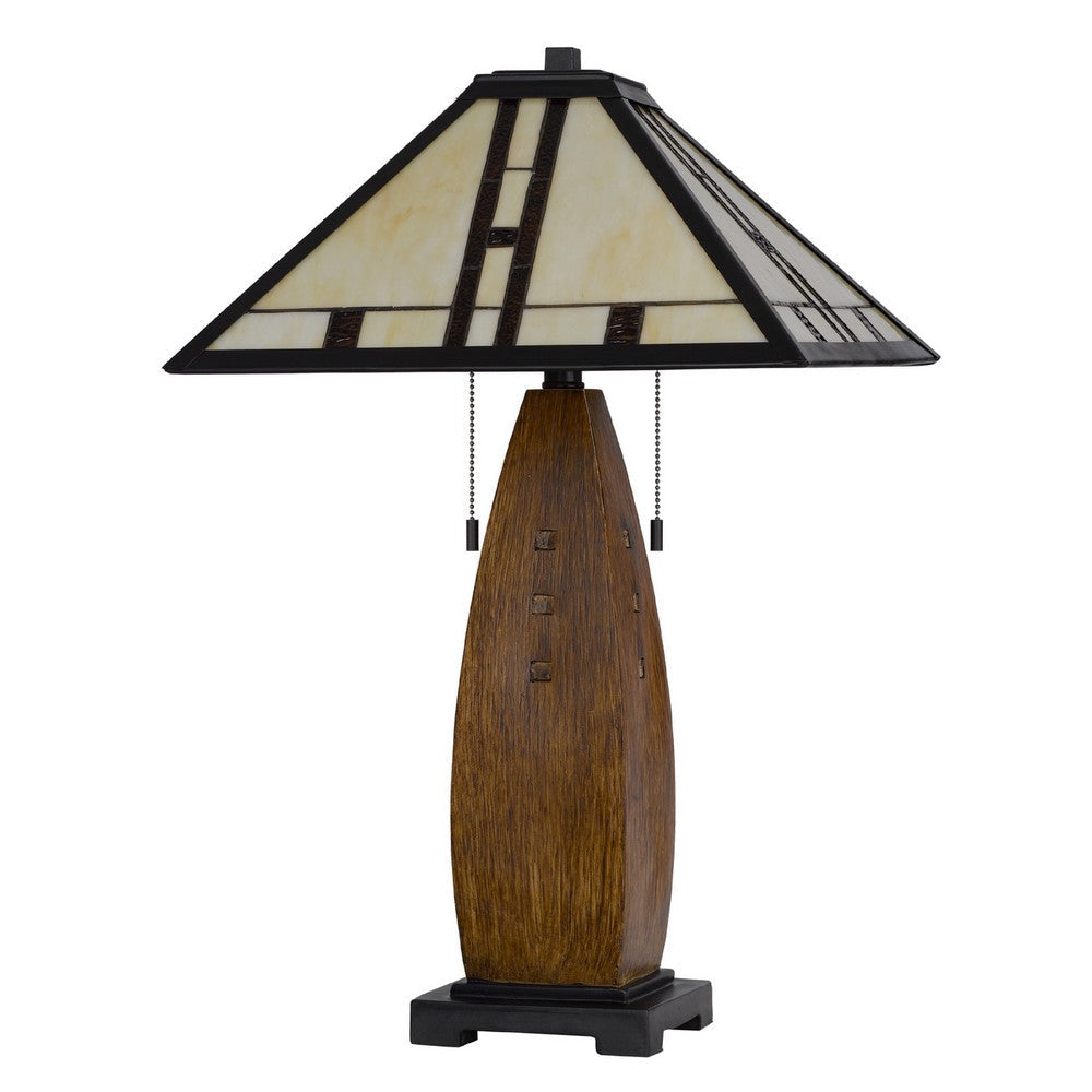 Benjara Table Lamp with Pull Chain, Tiffany Stained Glass Shade, 26 Inch Brown