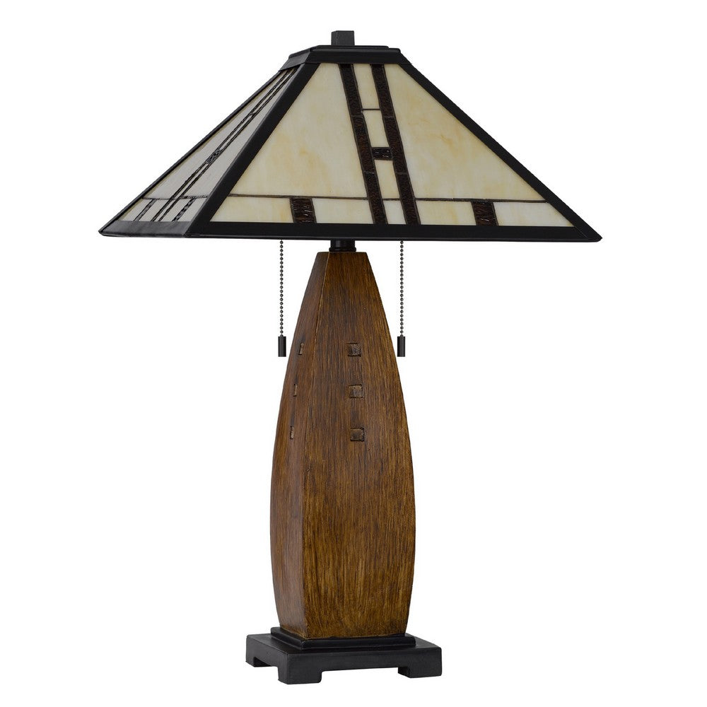 Benjara Table Lamp with Pull Chain, Tiffany Stained Glass Shade, 26 Inch Brown