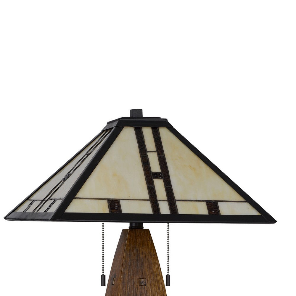 Benjara Table Lamp with Pull Chain, Tiffany Stained Glass Shade, 26 Inch Brown