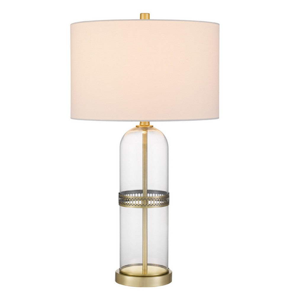 Benjara Table Lamp Set of 2, Glass Dome Body, Off White Shade, Antique Brass