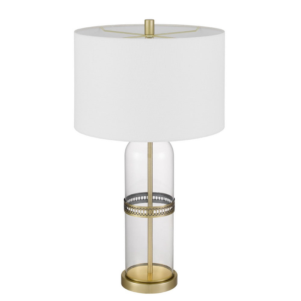 Benjara Table Lamp Set of 2, Glass Dome Body, Off White Shade, Antique Brass