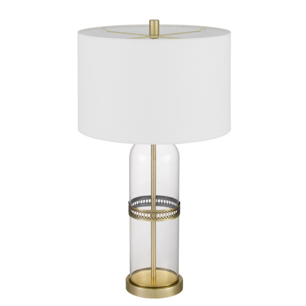 Benjara Table Lamp Set of 2, Glass Dome Body, Off White Shade, Antique Brass