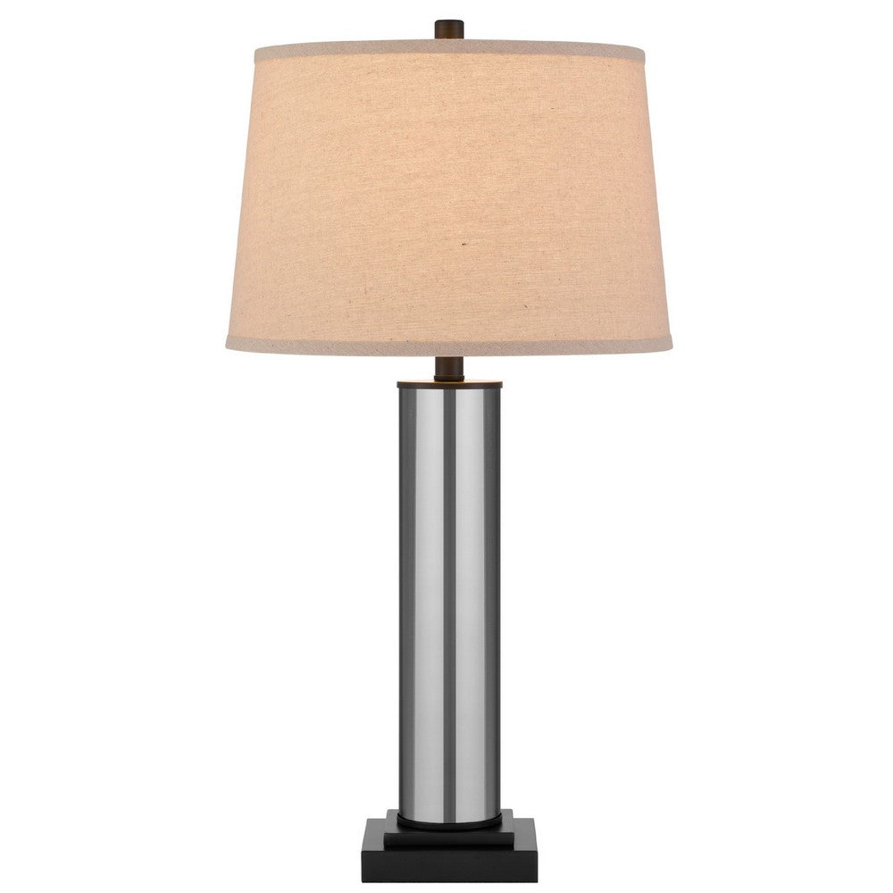 Benjara Table Lamp Set of 2, Beige Drum Shade, Black Glass Pedestal Base